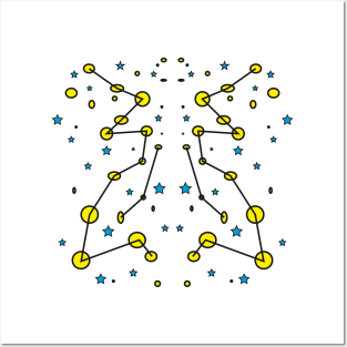 Abstract symmetric universe with yellow planets and blue stars Posters and Art